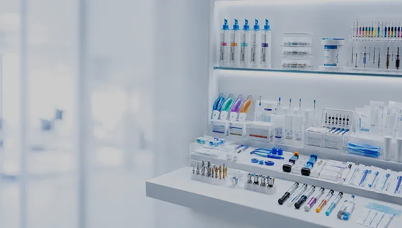 Collection de consommables dentaires professionnels incluant composites, matériaux d’empreinte, accessoires orthodontiques, sachets de stérilisation et composants implantaires présentés dans un showroom médical moderne.